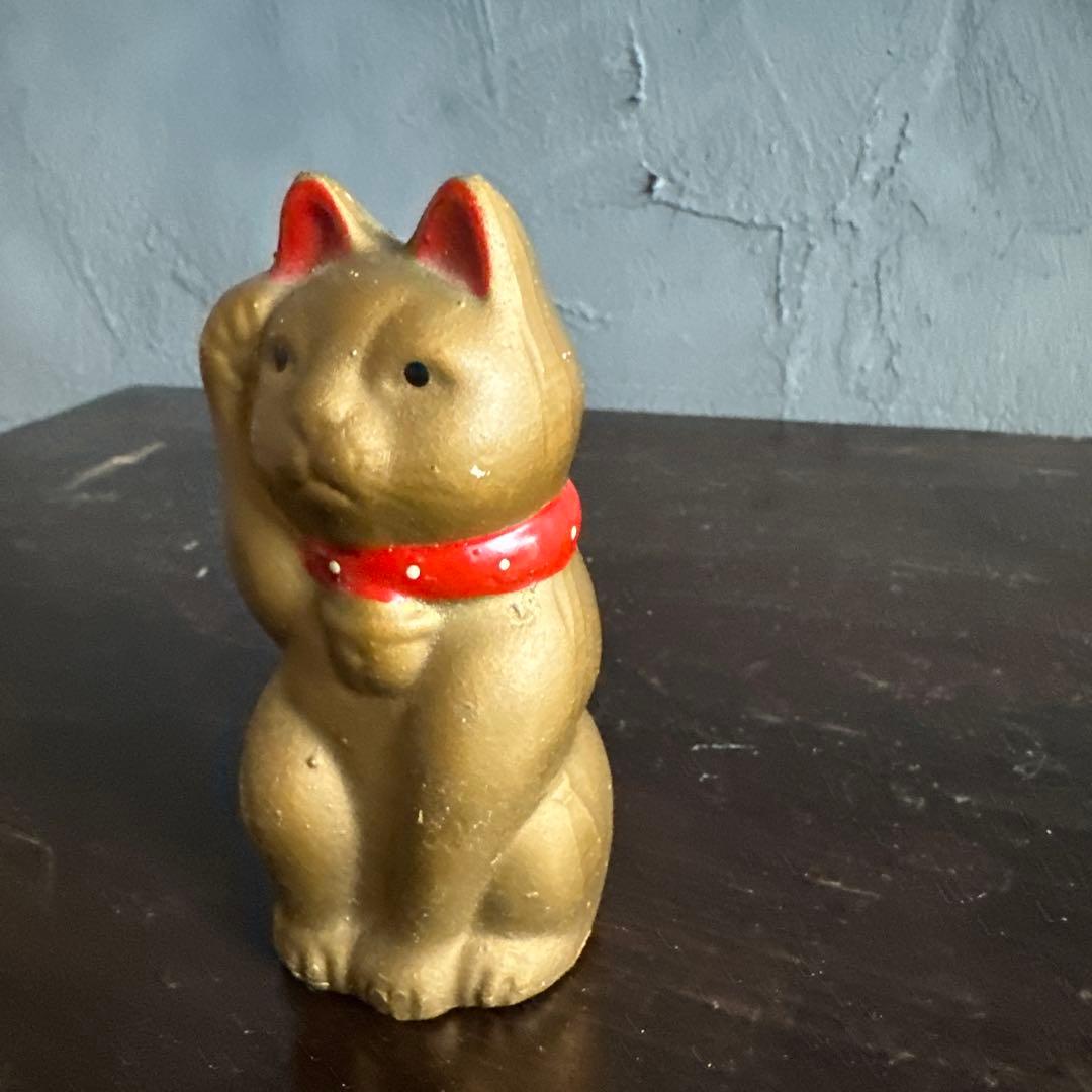 ヴィンテージおすましさん招き猫 陶器 金色 赤