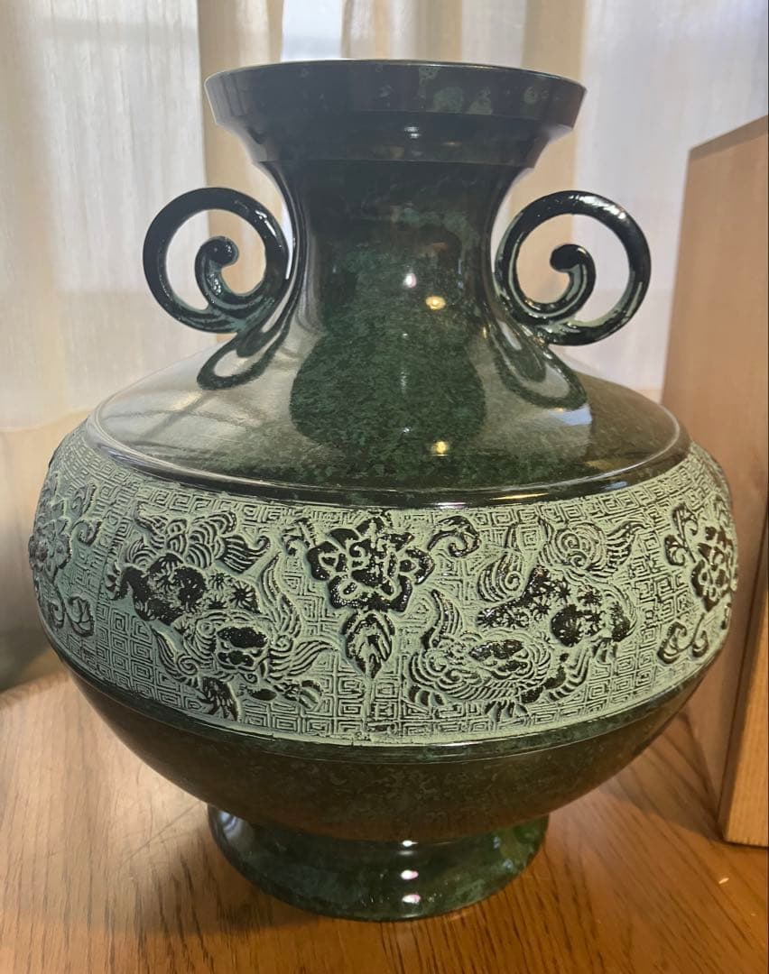 【伝統工芸】青銅花瓶 眼文尊 鋳銅蝉紋ペン皿セット