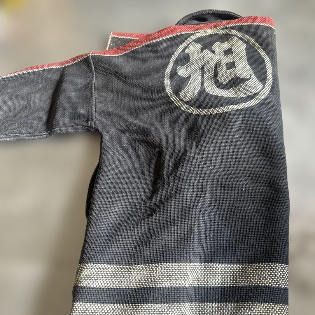 超希少品❣️刺し子　長半纏コート消防　枷染め 伝統的な日本の作業着 黒赤ストライプ