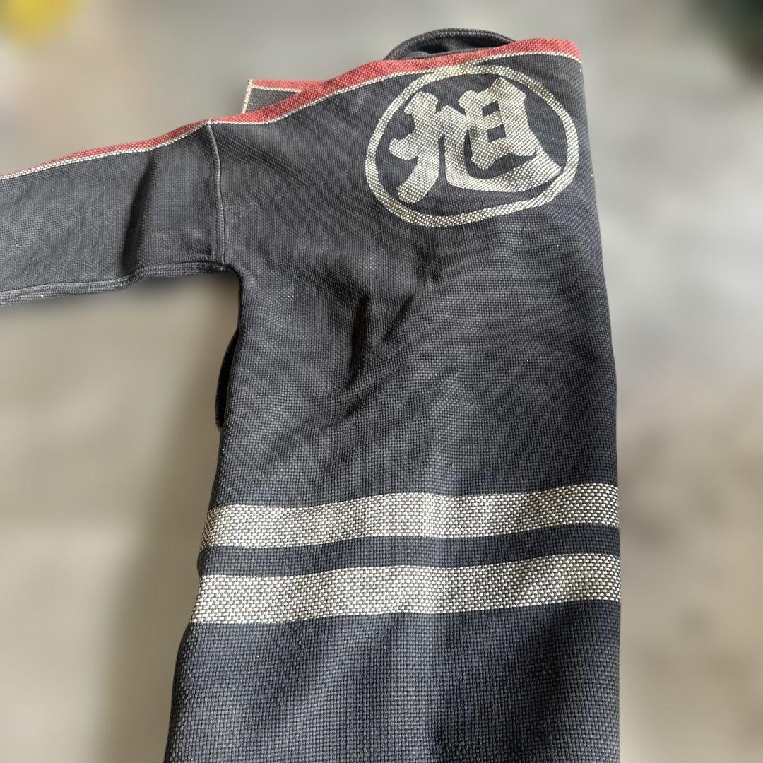 超希少品❣️刺し子　長半纏コート消防　枷染め 伝統的な日本の作業着 黒赤ストライプ