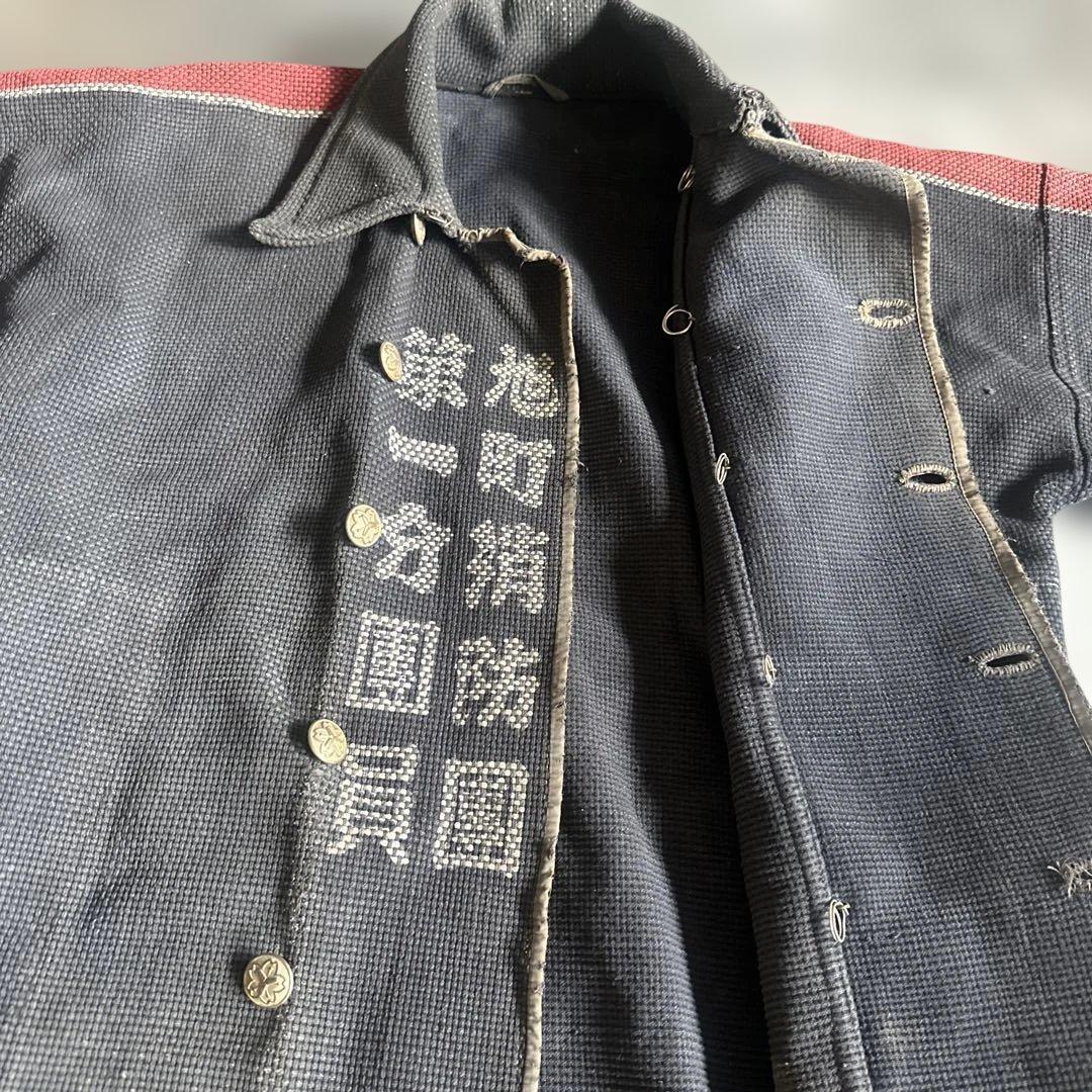 超希少品❣️刺し子　長半纏コート消防　枷染め 伝統的な日本の作業着 黒赤ストライプ