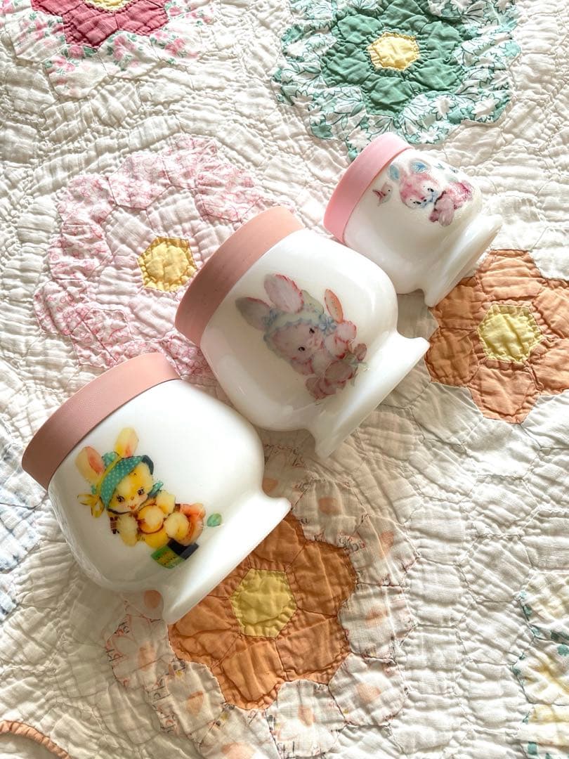 ヴィンテージミルクガラス クリーム瓶デカール付き3個セット·͜· ♡