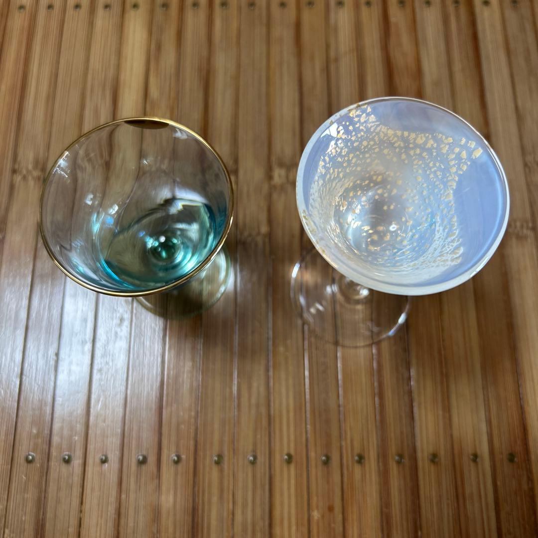 作家　ガラス作家　上島あいこ　酒器　酒盃　　グラス　2種　金彩　金箔　吹きガラス