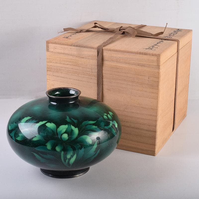 七宝焼　安藤七宝店　SILVER刻印　翡翠釉　花文　花瓶　共箱　M　R8879B