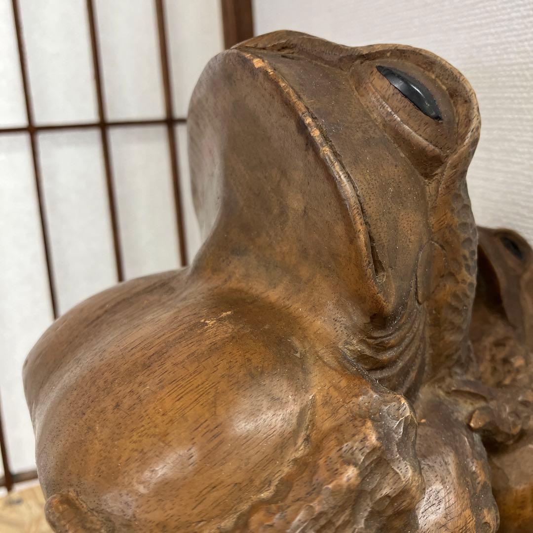 骨董品　福かえる　木彫　親子かえる　昭和20年前後の作　K101KE