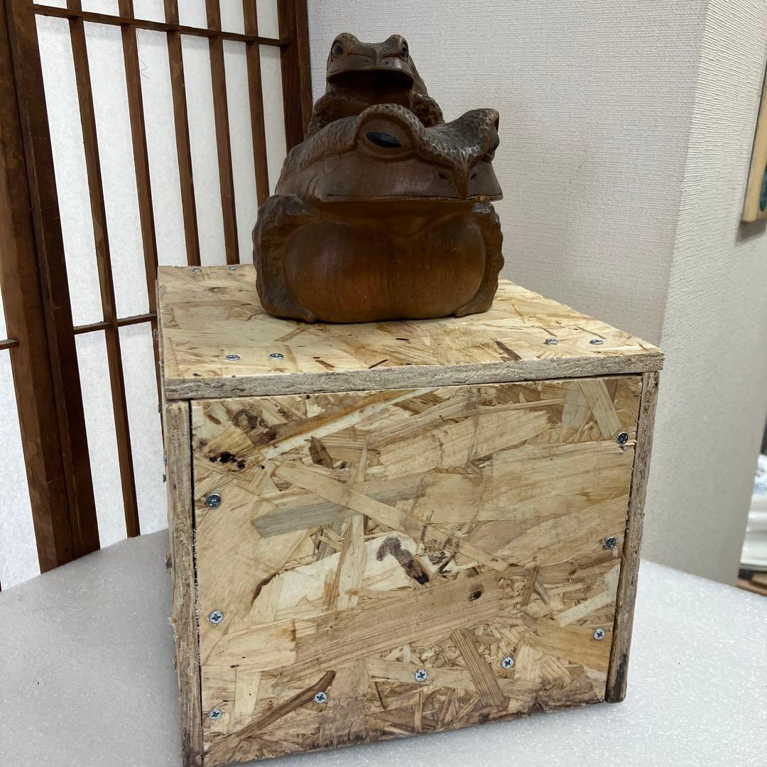 骨董品　福かえる　木彫　親子かえる　昭和20年前後の作　K101KE