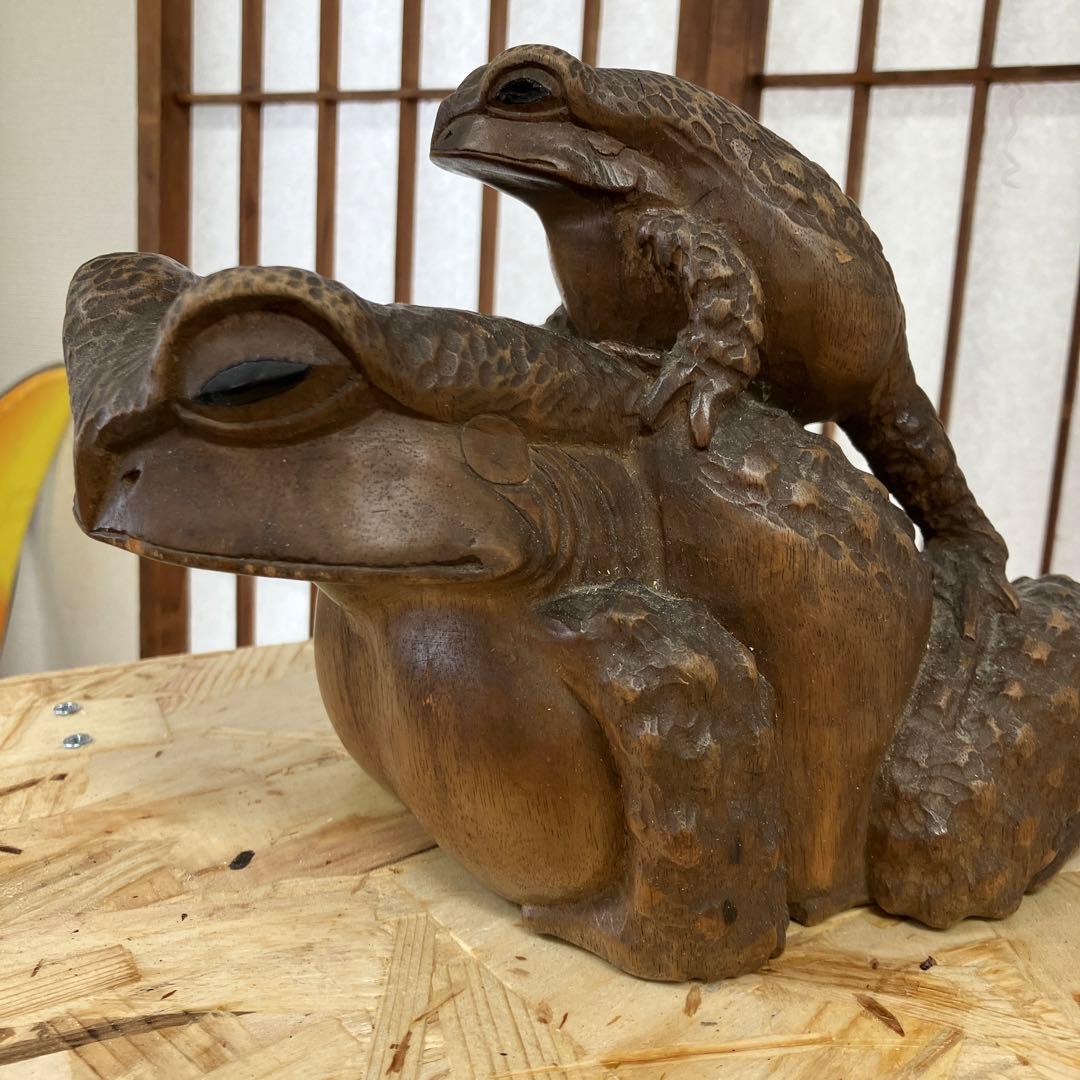 骨董品　福かえる　木彫　親子かえる　昭和20年前後の作　K101KE