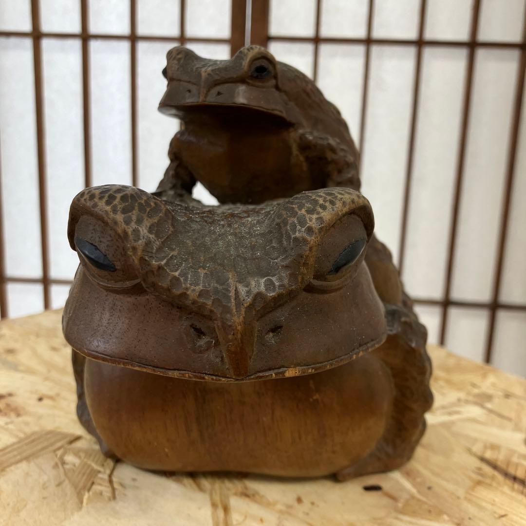 骨董品　福かえる　木彫　親子かえる　昭和20年前後の作　K101KE