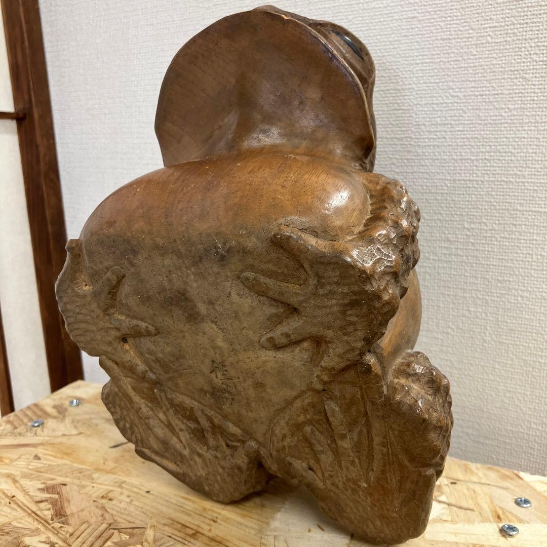 骨董品　福かえる　木彫　親子かえる　昭和20年前後の作　K101KE