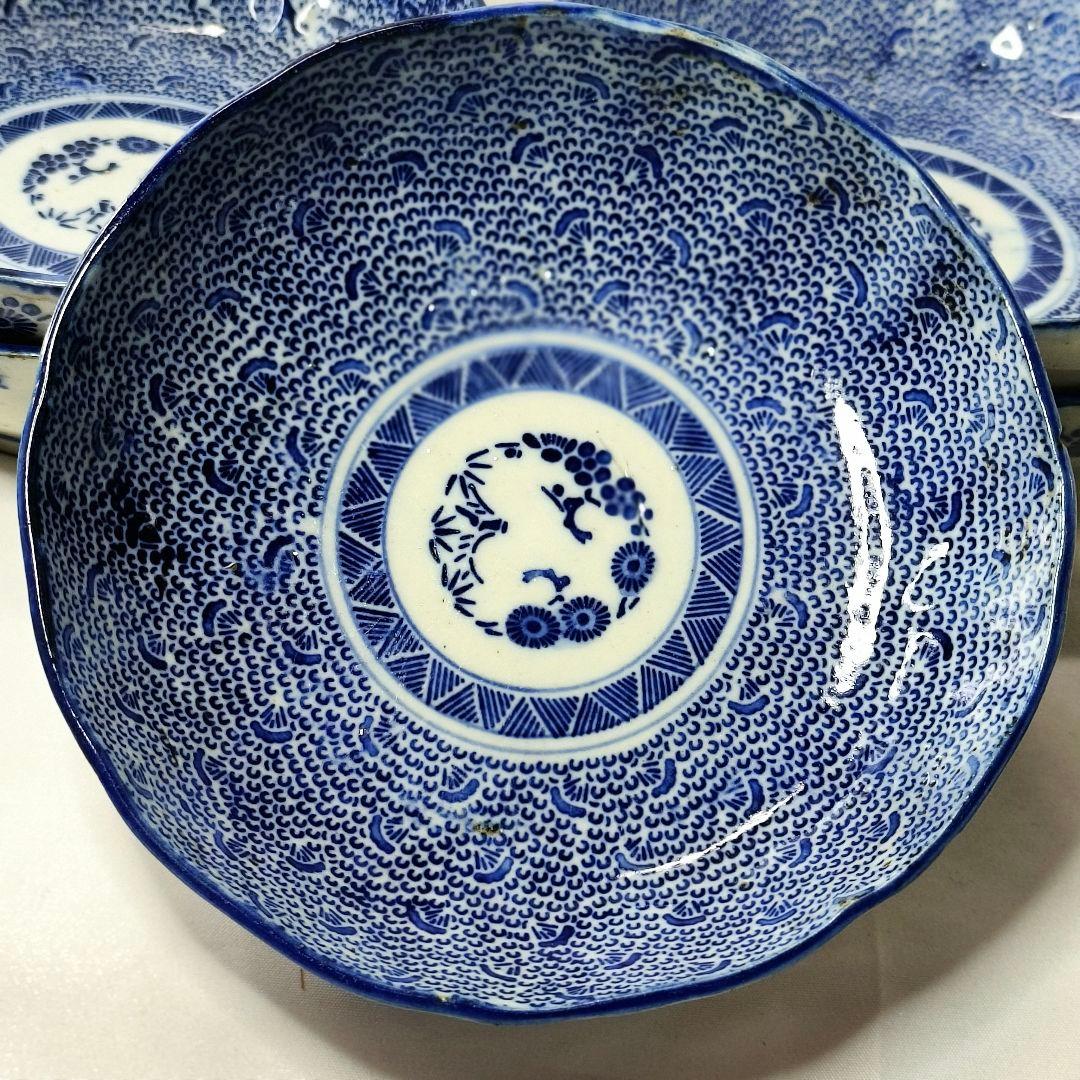 古伊万里 染付 微塵唐草 唐草文 なます皿 膾皿 江戸期 旧家蔵出し５客 古美術