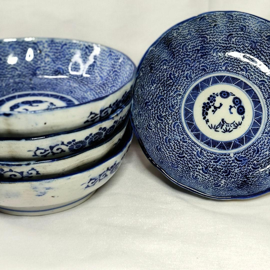 古伊万里 染付 微塵唐草 唐草文 なます皿 膾皿 江戸期 旧家蔵出し５客 古美術