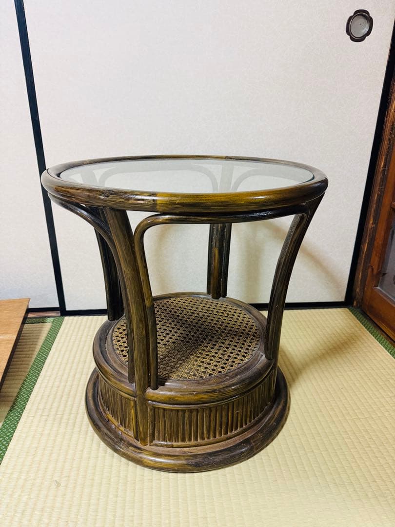 ラタン 籐製 テーブル ガラス 和製家具 民藝 インテリア アンティーク