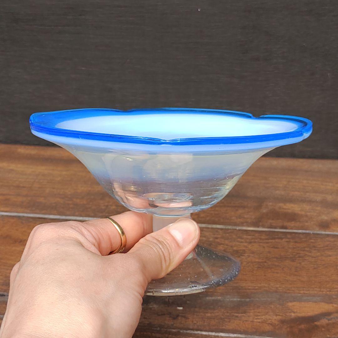 美品 氷コップ フリル 乳白 青 レトロ 民芸 ガラス ヴィンテージ 手吹き