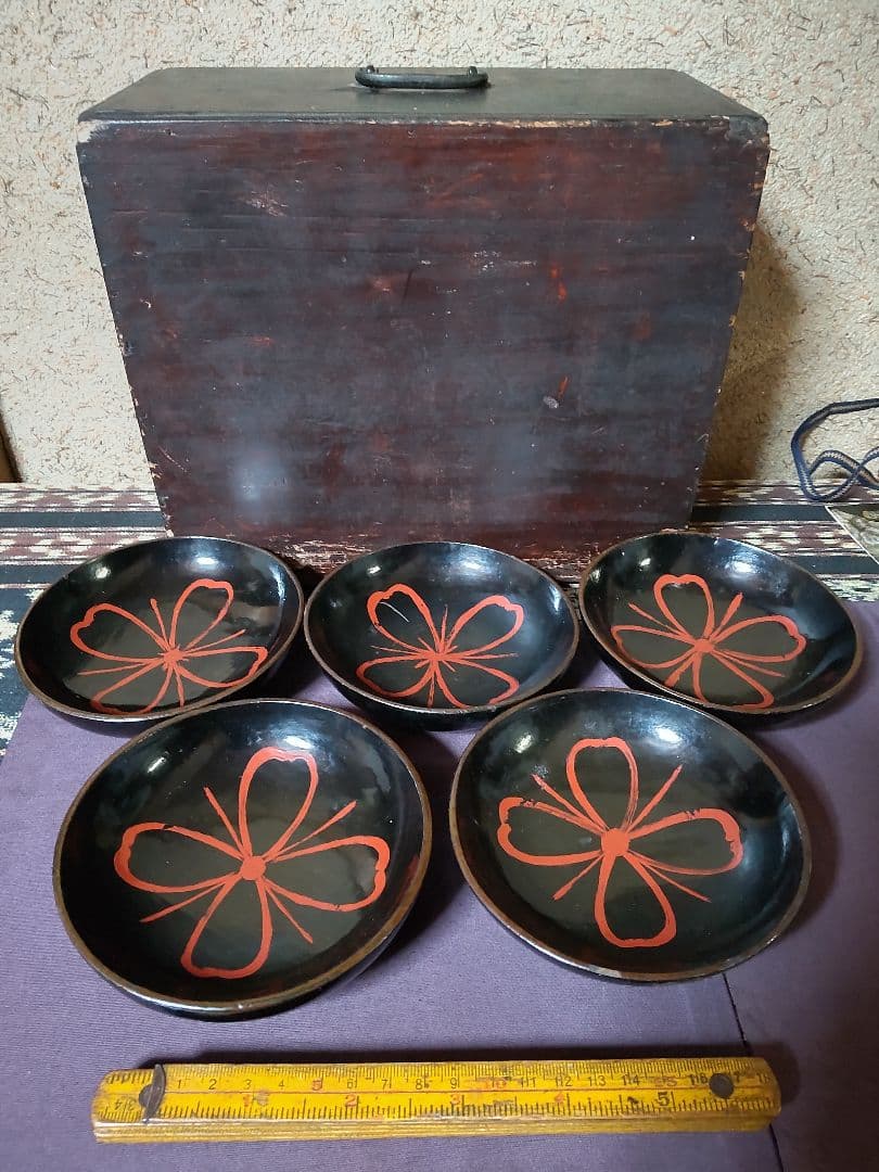 浄法寺 朱塗 花紋 小皿 5客　　江戸時代