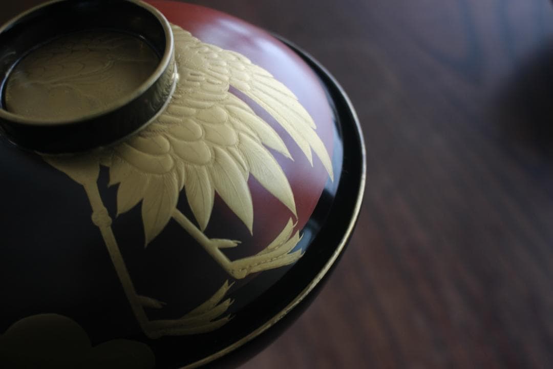 時代逸品！時代金縁黒漆に極上日の出鶴蒔絵の映えるお椀2点（検輪島塗蒔絵椀雑煮椀