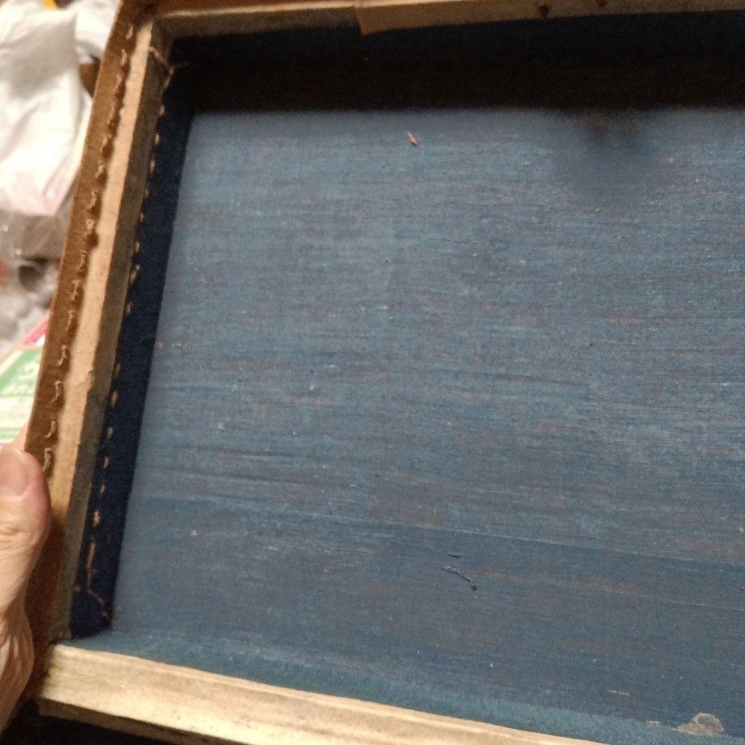大正時代の箱　海上萬昌威造　表面皮　木製箱 青い内装