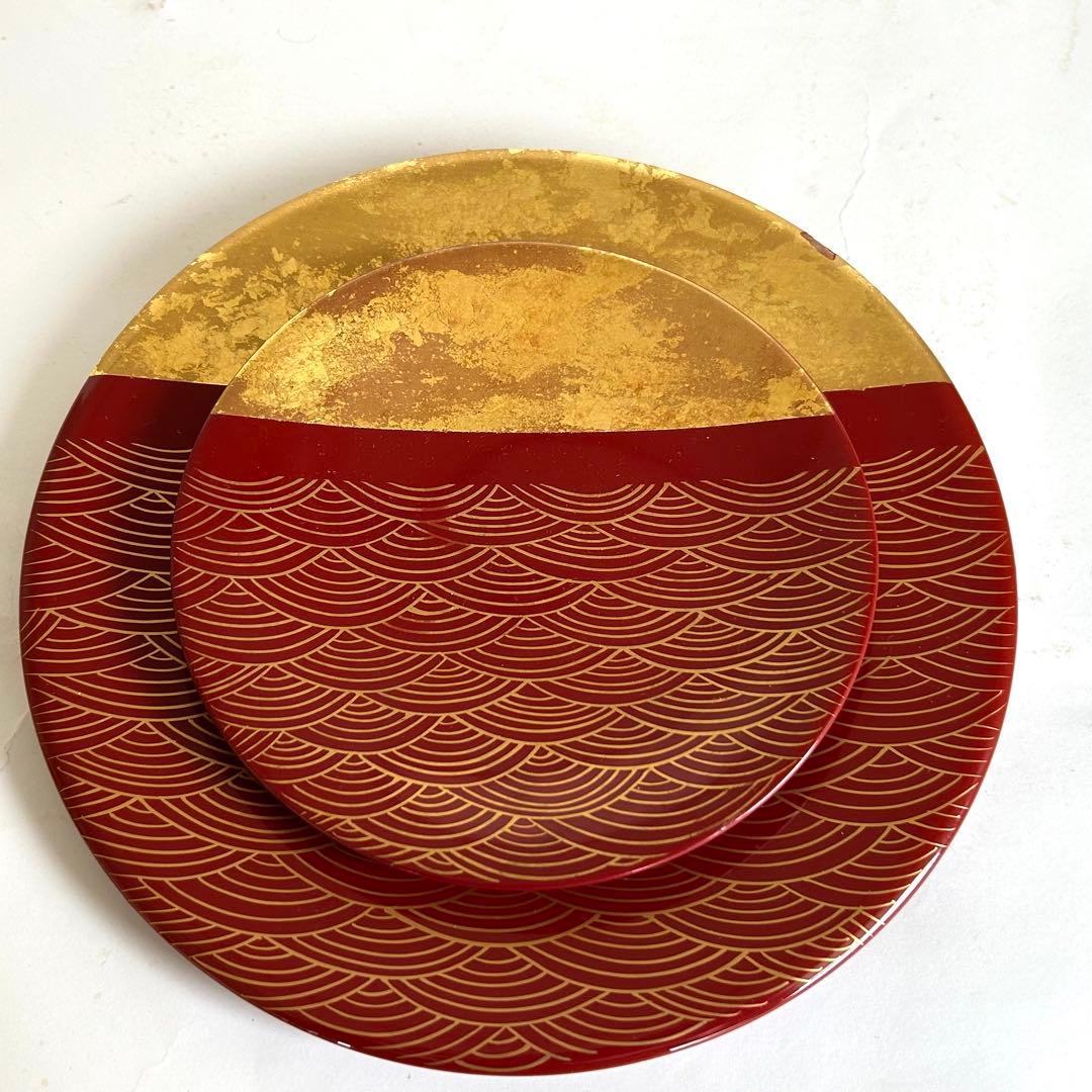 【未使用品】漆器 木製 漆 手描き 金箔 蒔絵 お皿 皿 14cm 20cm