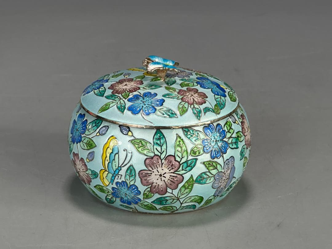UM9-2S65　韓国美術　純銀製　七宝焼花卉文蓋物　重さ165g　美品　共箱