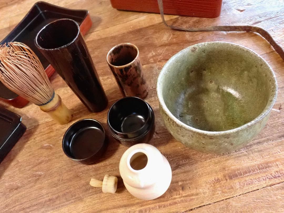 希少　江戸時代　木製漆塗り茶箱と茶道具セット　アンティーク　野点　茶道