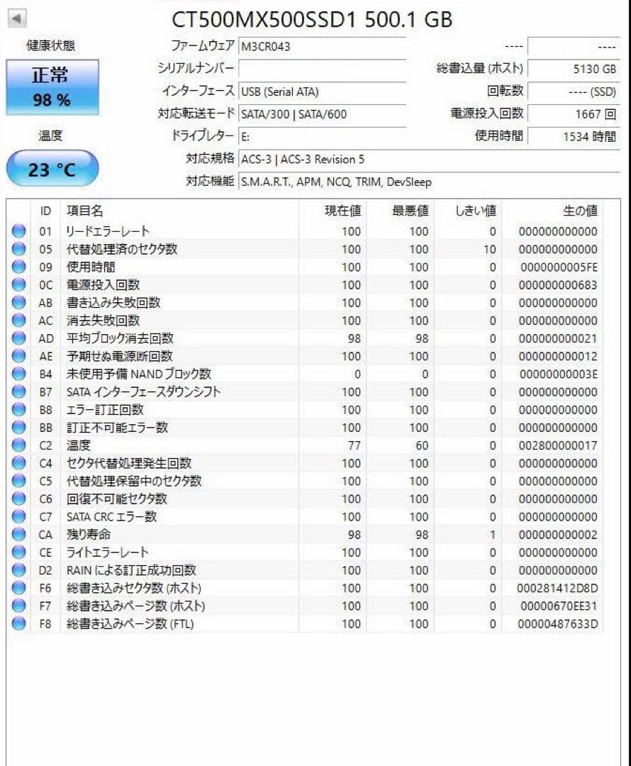 crucial SSD SATA MX500 500GB 2.5インチ 正常