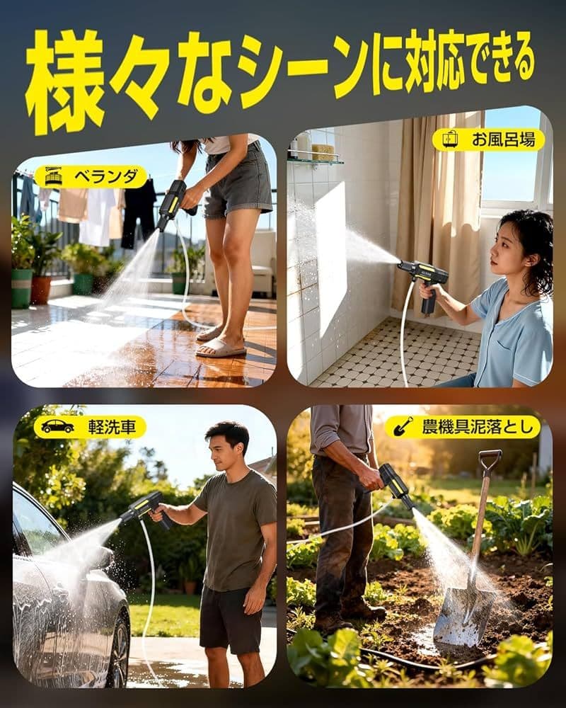 高圧洗浄機 3段階調整 充電式 コードレス高圧洗浄機バケツ付き