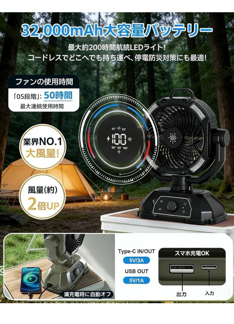 【大容量＆静音設計】キャンプ扇風機 大容量 50時間連続！新品
