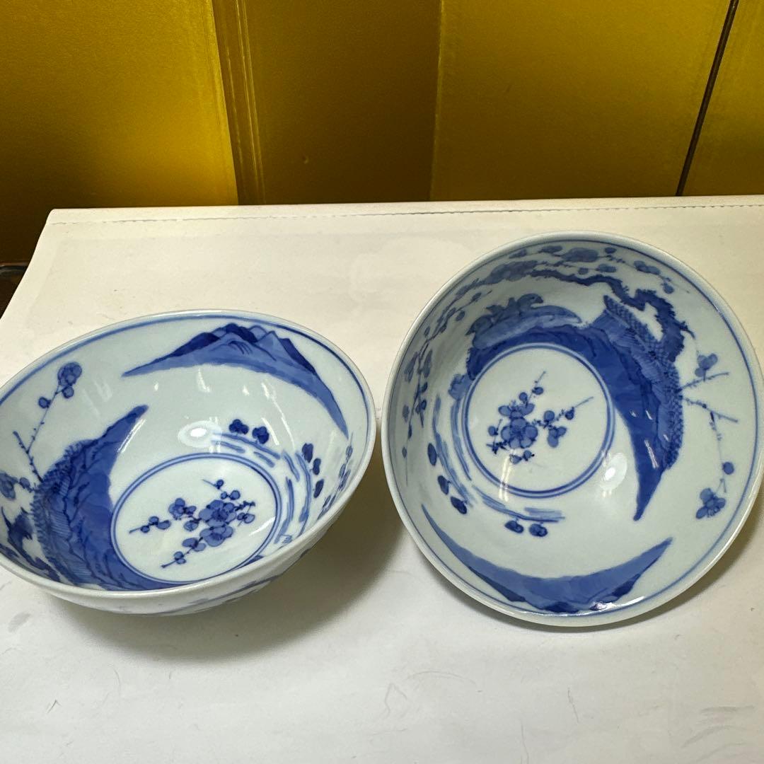 茶碗，染付，中国，骨董，明治，青白磁の花模様ボウル2個セット